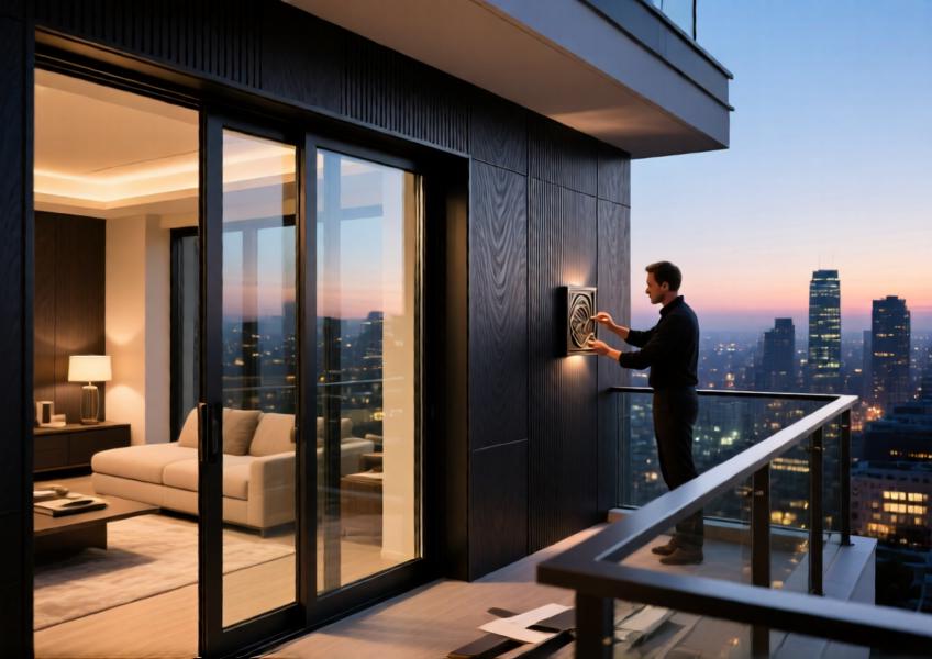 A high-end residential interior-exterior transition space featuring bespoke aluminum finishes, illustrating precision fabrication and elegant integration in a luxury residential project.