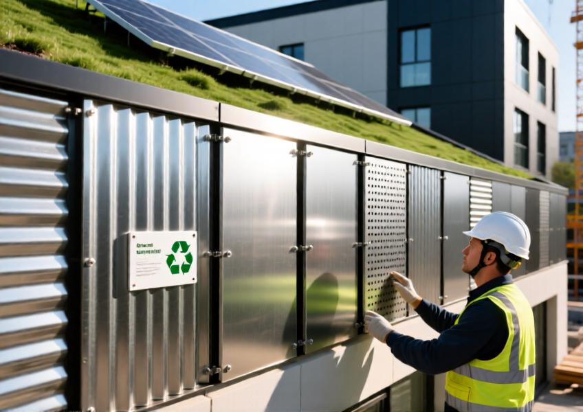 A detailed view of a multi-pattern metal cladding system emphasizing material variety, sustainability features, and precise installation in a modern eco-conscious building envelope.