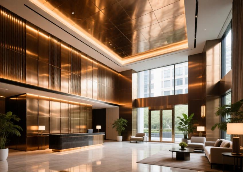 Interior of a luxury hotel lobby using polished bronze metal cladding to enhance lighting and create a refined, modern aesthetic.