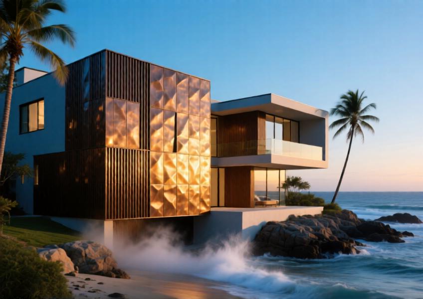 High-end residential villa near the coast using corrosion-resistant bronze-finished metal cladding, illustrating durability and aesthetic flexibility in a harsh marine environment.