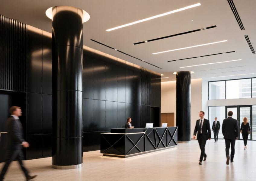 Interior shot of a modern corporate lobby using black aluminum for wall and column finishes, emphasizing durability and clean aesthetics.