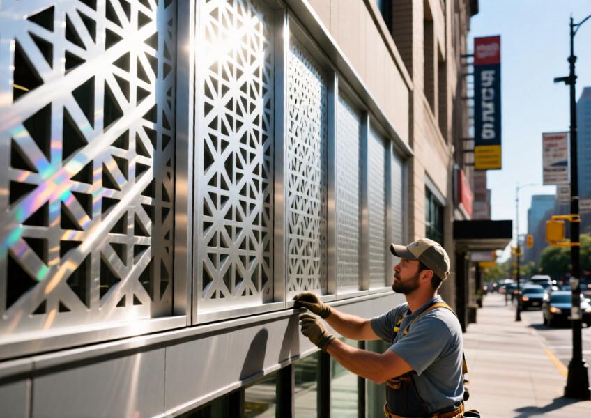 A detailed close-up showing the intricate design and real-world durability of patterned aluminum siding in a high-traffic urban setting.