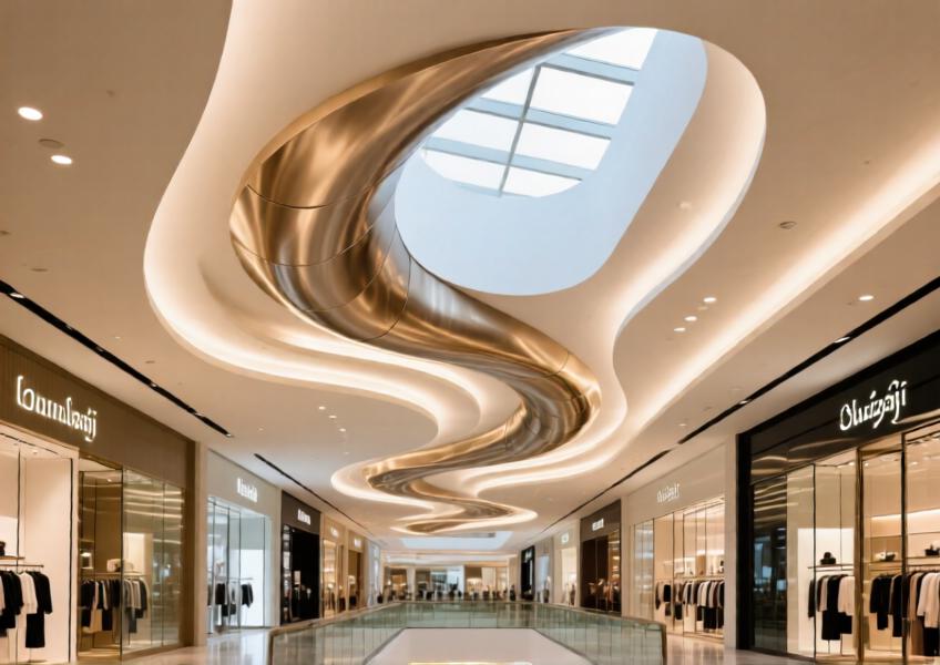 A detailed interior scene showing premium aluminum sheet applications in a commercial space, emphasizing design versatility and finish options.