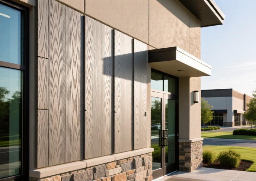 Detailed close-up of exterior wall panels made from fiber cement and GRC, illustrating their ability to mimic natural materials while offering durability and low maintenance for commercial facades.