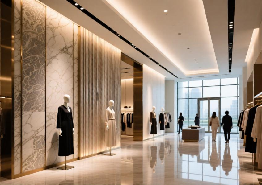 A premium commercial interior with sophisticated wall cladding in a luxury retail environment, emphasizing aesthetic refinement and material diversity.