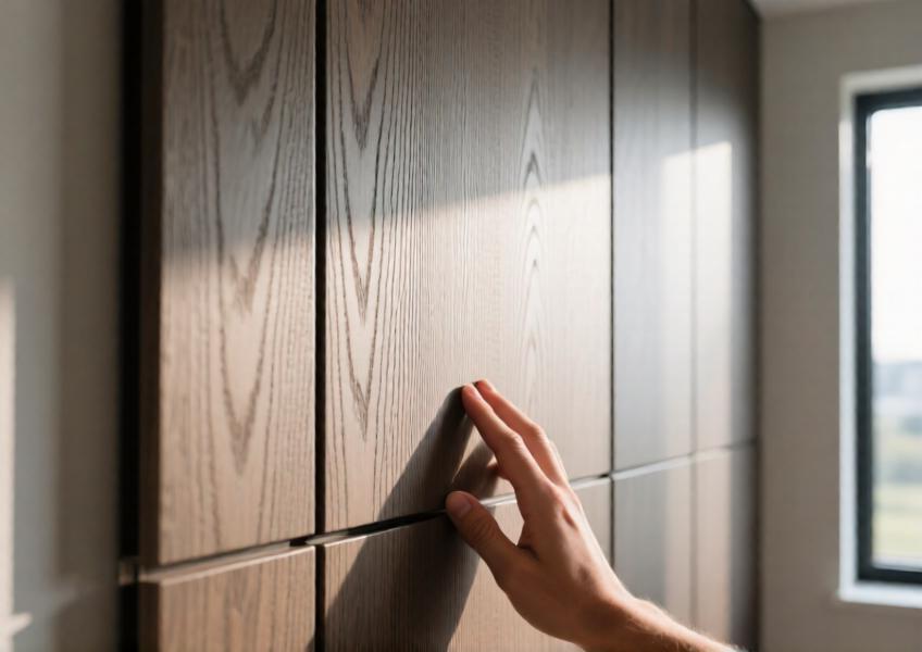 Detailed view of wood look aluminum paneling in a residential setting, highlighting its realistic wood texture and high-quality finish.