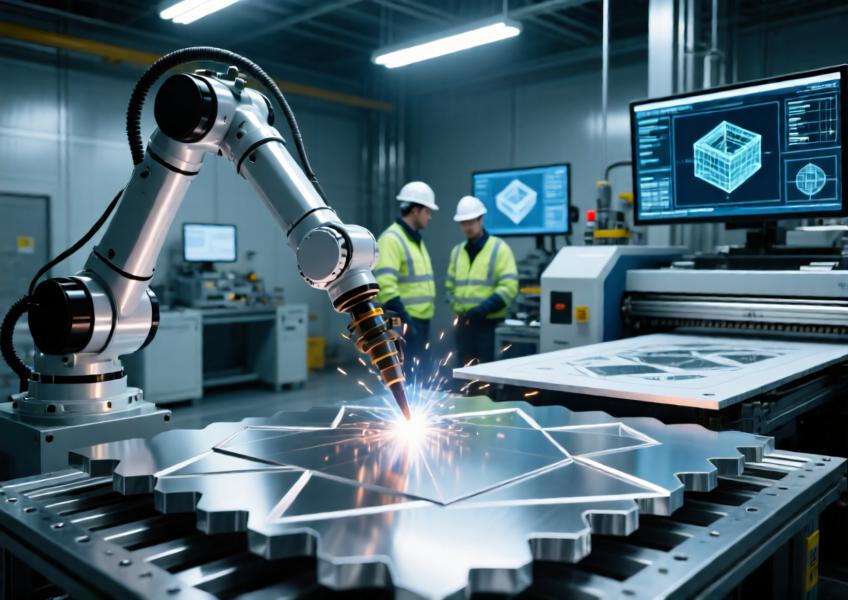Advanced manufacturing process of custom aluminium sheets using robotics, CNC machining, and digital printing for architectural applications.