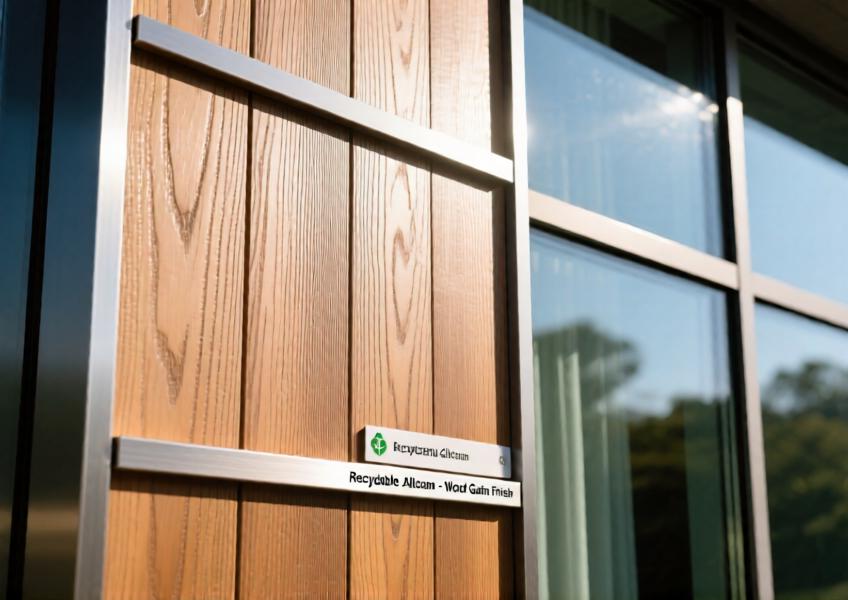 Detailed view of aluminum cladding with wood finish on a curtain wall, emphasizing material realism, durability, and eco-friendly properties.