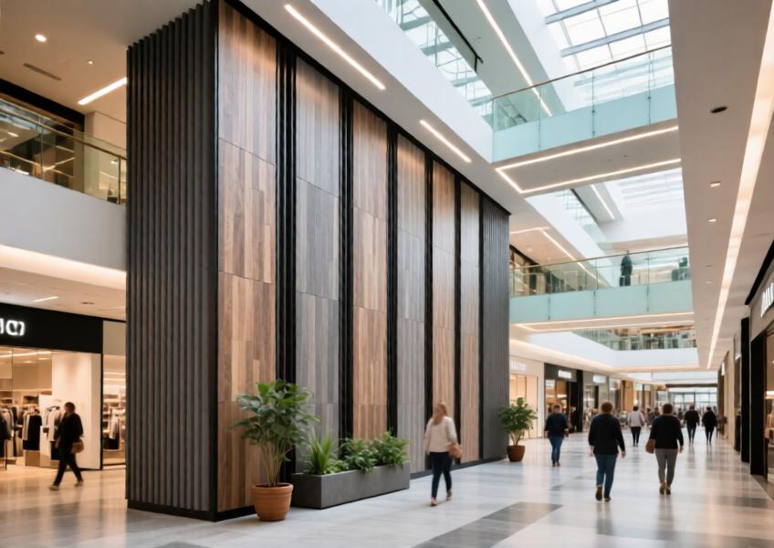Commercial interior space using weather-resistant cladding sheets as stylish and durable feature walls in a high-traffic mall environment.
