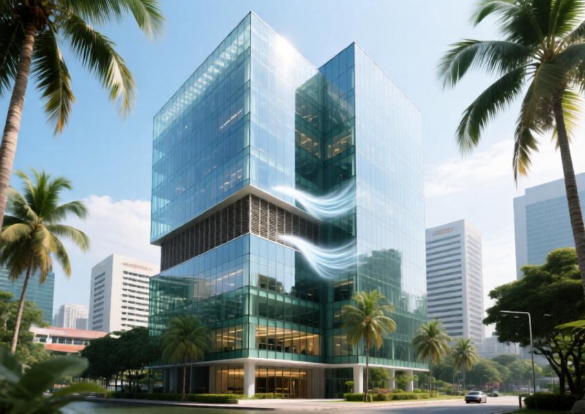 A commercial tower in Singapore with a double-skin façade designed for natural ventilation and thermal efficiency in a tropical climate.
