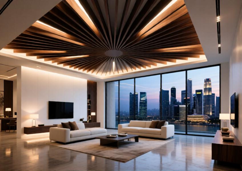A high-end residential ceiling design using aluminum wood slats as a focal point in a modern urban penthouse.