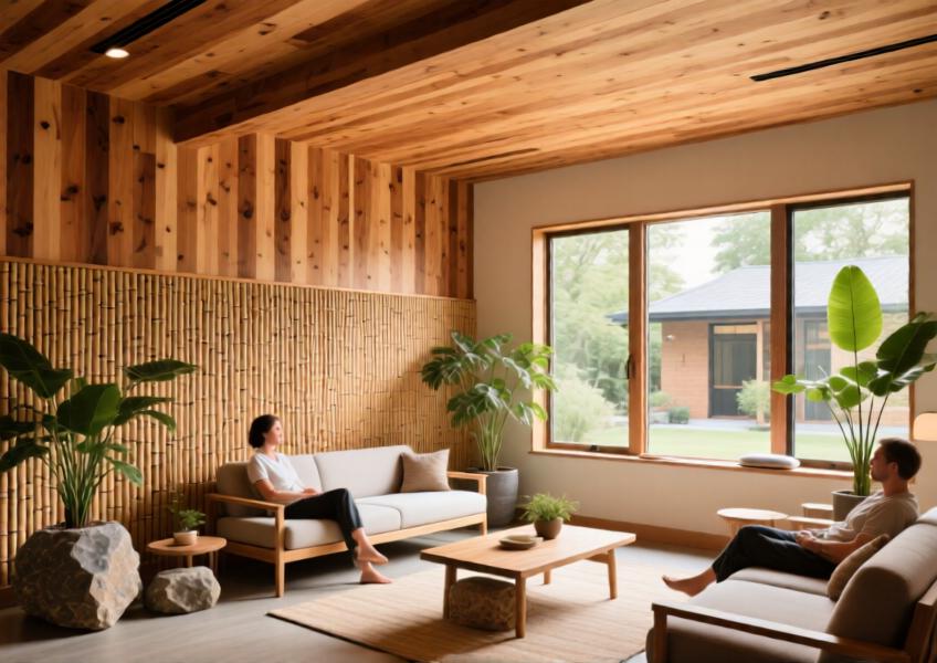 An interior view of a commercial wellness space featuring sustainable wood-based cladding, illustrating its role in creating inviting, biophilic environments.