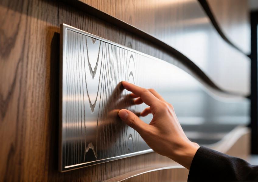 Detailed view of a wood-look aluminum panel in a commercial interior, emphasizing texture, craftsmanship, and tactile realism.