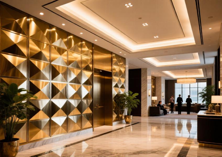 Luxury interior space using premium aluminium cladding for aesthetic enhancement in a high-end hospitality environment.