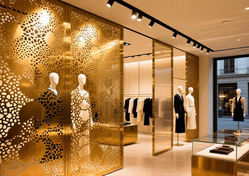 Luxury retail interior showcasing ornate perforated brass panels that blend cultural motifs with modern design.