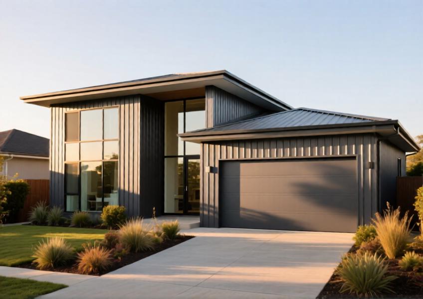 A modern residential home using aluminum metal siding as a low-maintenance, stylish alternative to traditional materials, set in a serene suburban neighborhood.