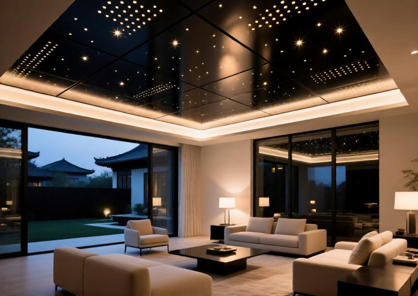Luxury villa interior with perforated black aluminum ceiling panels creating a starry ambient lighting effect in a modern living space.