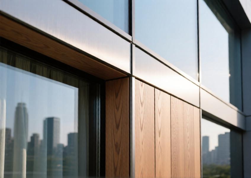 Detailed view of the cladding material highlighting the fusion of wood and aluminium layers in a high-performance building envelope.
