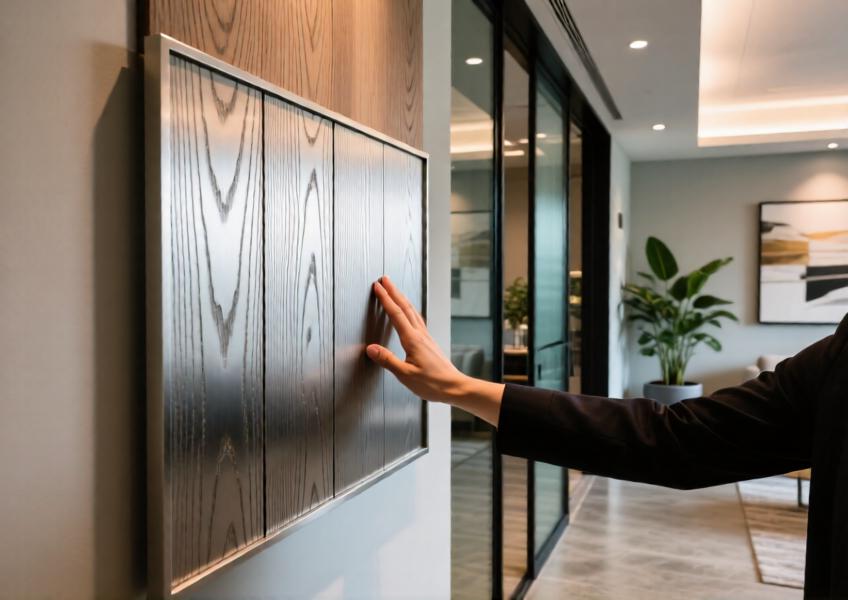 Close-up view of an aluminum wood panel in a commercial interior setting, highlighting its realistic wood texture, durability, and integration into modern design.