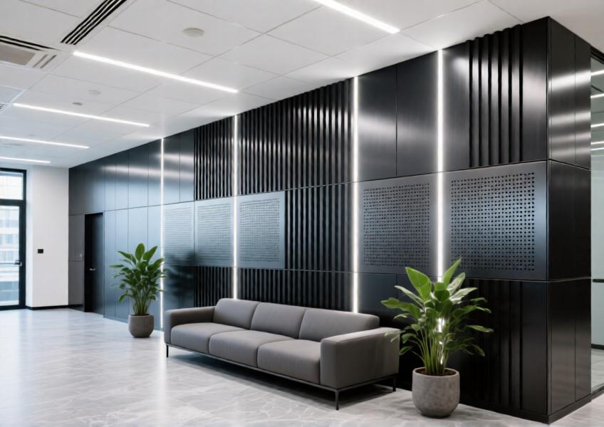 A corporate entrance featuring a dark powder-coated steel cladding wall with integrated lighting and acoustic functionality, demonstrating the material’s versatility in professional environments.