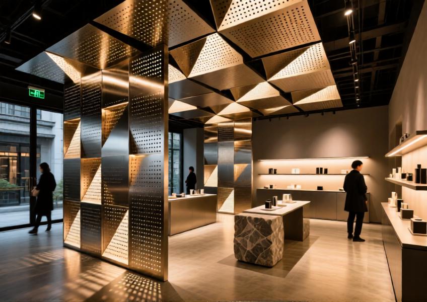 Interior commercial space showcasing factory cladding used in perforated metal ceiling and partition design.