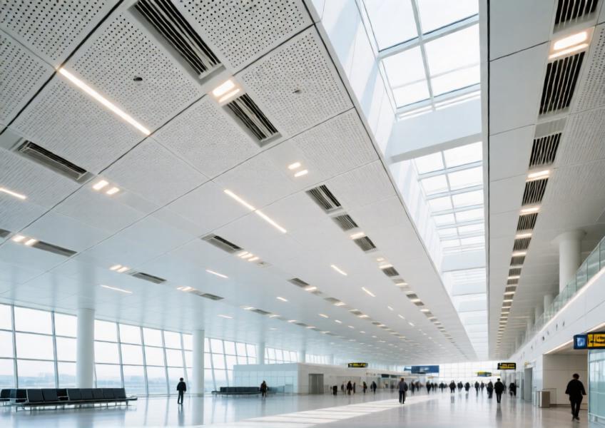 Interior shot of an airport terminal featuring a large-scale ceiling made of perforated white aluminum sheet metal, demonstrating functional elegance and acoustic performance in a public space.