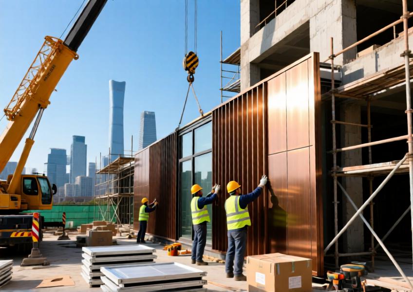 On-site installation of a custom bronze metal panel rainscreen system during the renovation of a Shanghai office building, showcasing modular construction and urban integration.