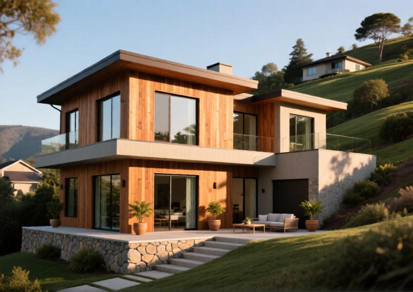 High-end residential villa with premium wood-based and fiber cement cladding, illustrating aesthetic warmth and durability in a luxury home.