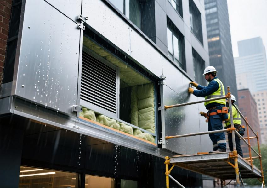 A detailed close-up of the aluminum rainscreen assembly during installation, illustrating its technical components, weather resilience, and ease of construction.