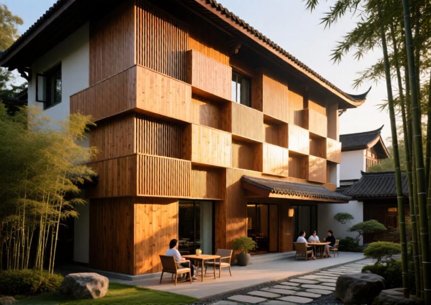 Textured timber-look cladding on a Chengdu hotel, using shadow play and panel arrangement for striking architectural expression.