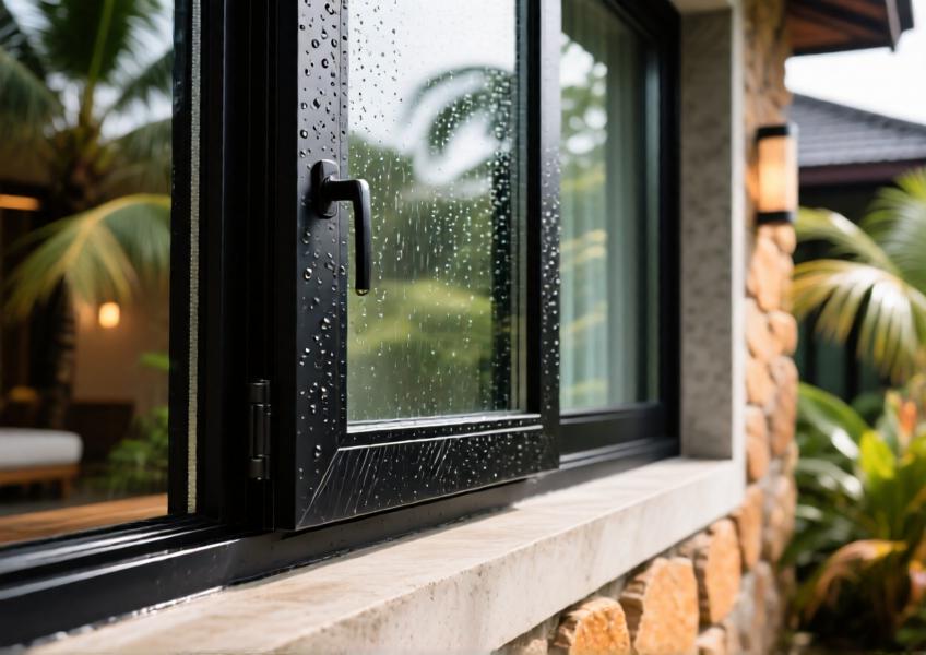 Detailed view of a black aluminium window frame in a high-end hospitality setting, emphasizing texture, finish, and integration with natural surroundings.