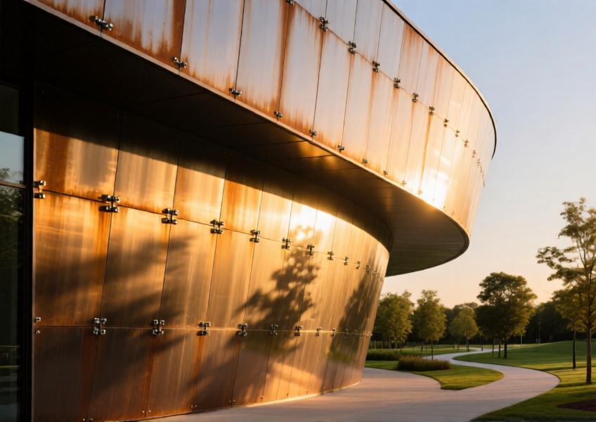Detailed view of aluminum cladding on a curved cultural building façade, illustrating adaptability to complex geometries and interaction with natural light.