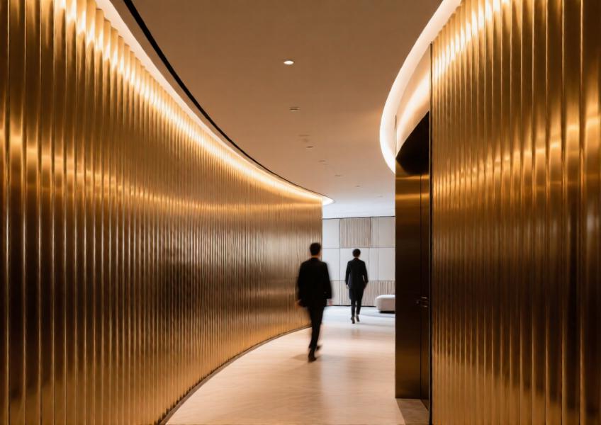 Interior scene of a residential hallway using curved, anodized corrugated aluminium panels to create a warm, futuristic spatial experience.