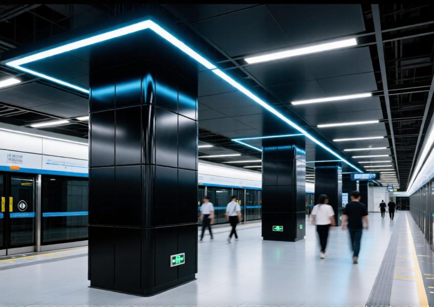Shenzhen transit hub interior featuring black aluminum cladding with integrated LED lighting for a contemporary, functional aesthetic.