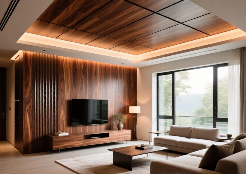 High-end interior space using wood-look aluminum for ceilings and walls, demonstrating its application in luxury residential environments.