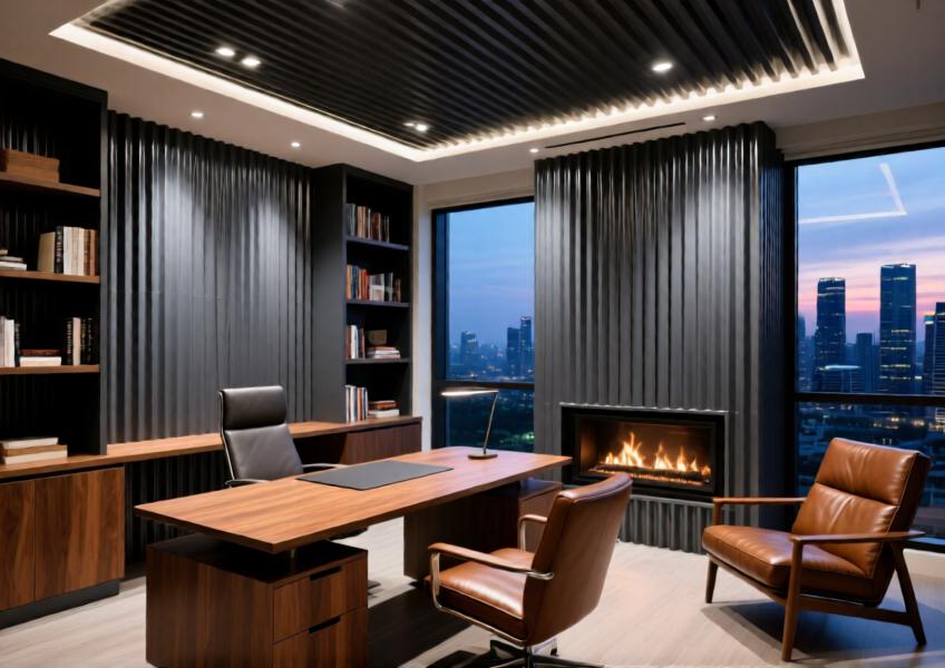 Luxury penthouse study with charcoal corrugated steel cladding blending modern aesthetics, acoustic functionality, and refined craftsmanship.
