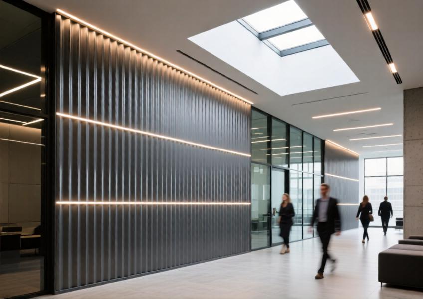 Interior shot of a modern office lobby using corrugated metal wall panels for a refined industrial look with integrated lighting.