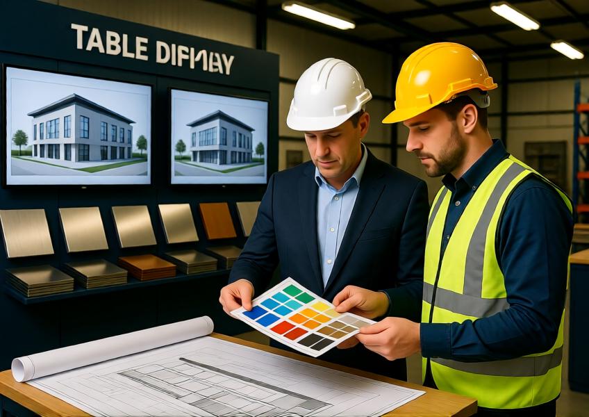 Architects and contractors collaborating with a local metal cladding supplier to select materials and finishes for a high-performance building project.