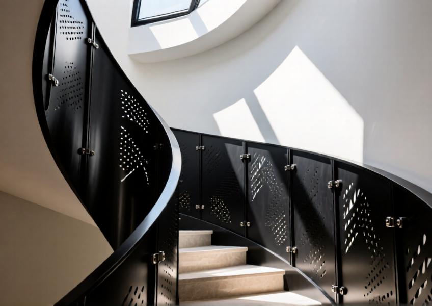 Detailed view of black metal wall panels in a sculptural stairwell application, illustrating their functional and aesthetic versatility in residential architecture.