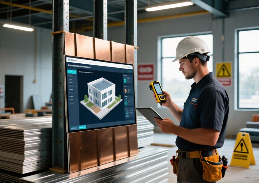 Detail shot of a cladding installer utilizing BIM technology on-site, illustrating the blend of advanced planning and hands-on expertise in modern cladding projects.