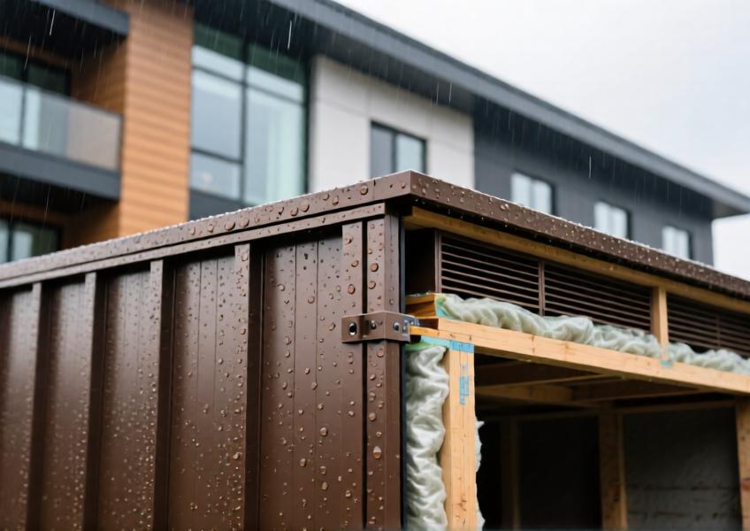 A detailed architectural view of a rainscreen aluminum siding system, illustrating its functional benefits including ventilation, insulation, and durability in a real-world application.