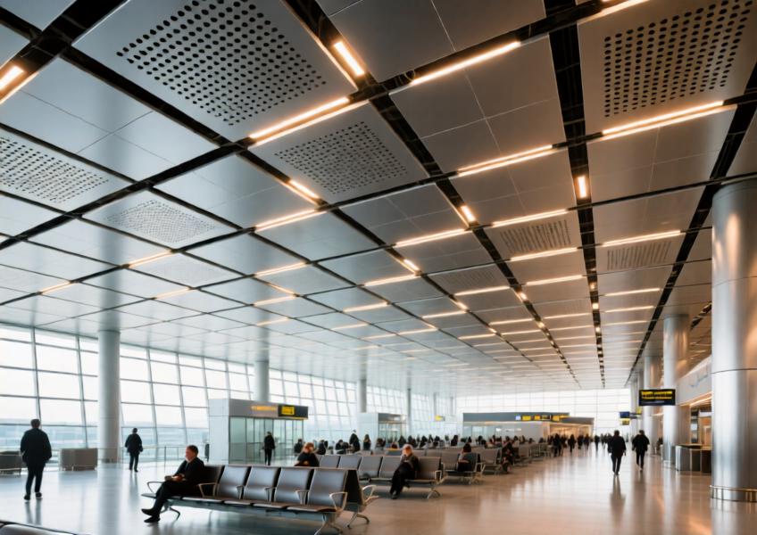 Interior view of an airport ceiling using perforated aluminum flat plates, demonstrating their functional and aesthetic role in large public spaces with acoustic and lighting integration.