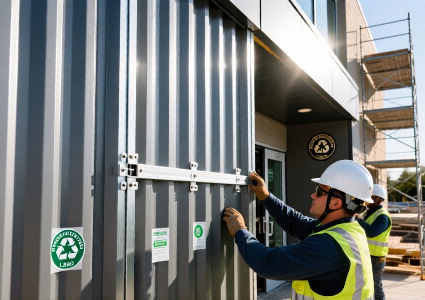 Detail scene of aluminium fluted panel installation during a sustainable retrofit, emphasizing lightweight structure, recyclability, and modular design.