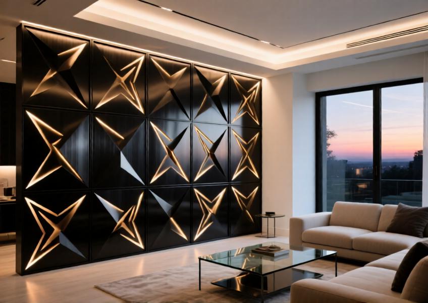 Interior scene highlighting the artistic use of perforated black metal wall panels in a high-end home, emphasizing light interaction and modern elegance.