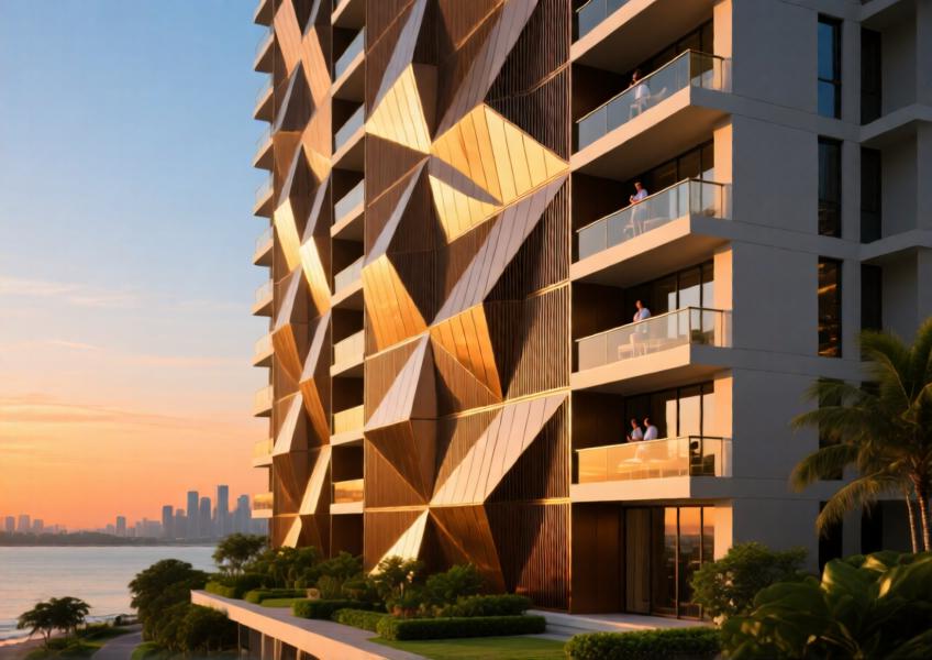 A high-end residential tower featuring aesthetically rich aluminum rainscreen cladding, captured during sunset to highlight design sophistication and environmental adaptability.