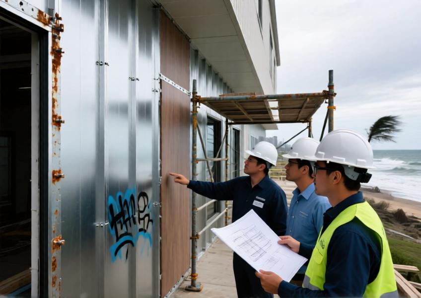 On-site inspection of advanced exterior wall panels designed for extreme weather resistance, highlighting technical features and real-world application in a demanding coastal environment.