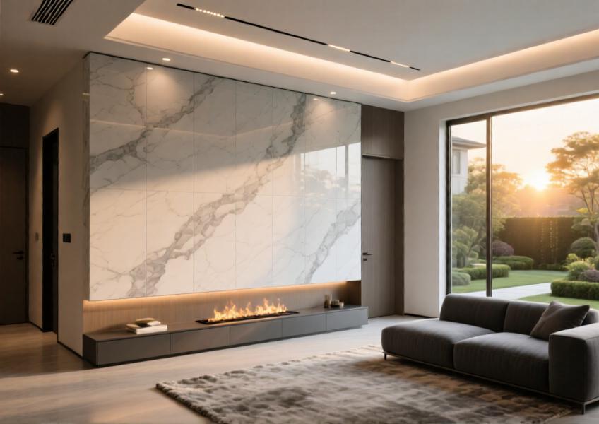 Luxury villa living room with porcelain cladding on a feature wall, enhanced by ambient lighting.