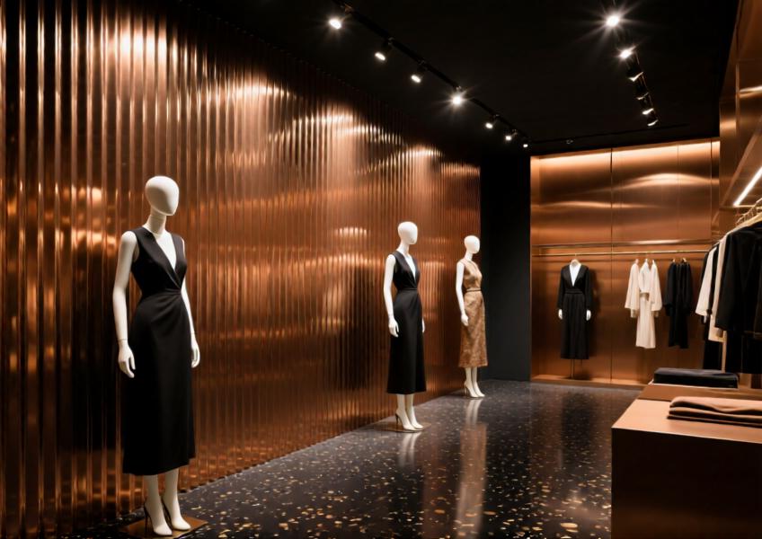 Luxury retail space with warm bronze powder-coated textured aluminum wall panels enhancing a high-fashion display.