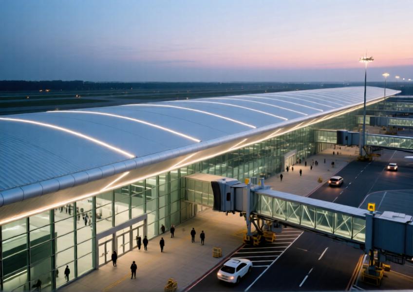 Airport terminal with matte white aluminum ceiling and integrated lighting at dusk