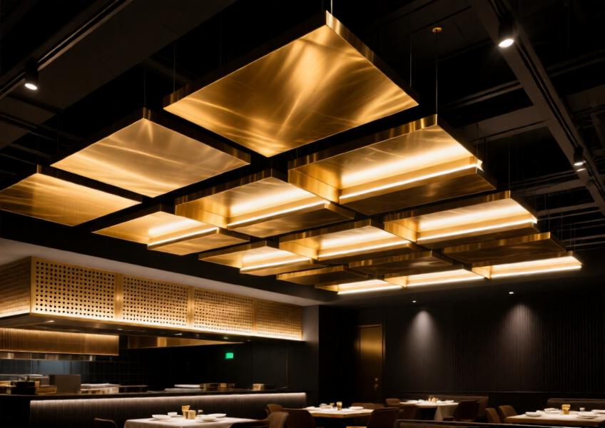 Brushed gold aluminum ceiling baffles in a fine dining restaurant providing acoustic control and luxurious ambiance.